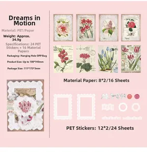 Detail view of 40 pieces vintage floral PET stickers and scrapbooking paper set