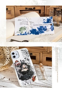 Gothic girl and black rose illustration on a white iPhone case with vintage stationery detail