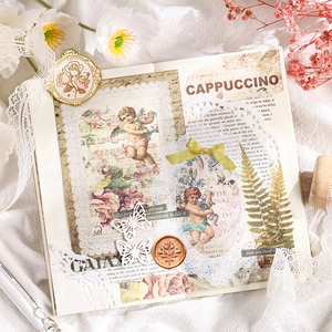 Vintage diary scrapbooking stickers featuring angel and floral patterns on white lace