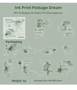 Pegatinas PET vintage con sellos verde oscuro y caligrafía para álbumes de recortes