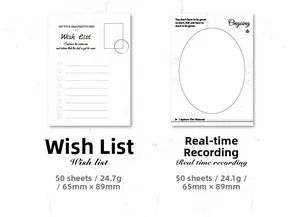 Detail of vintage minimalist memo pads with wishlist and real-time record themes