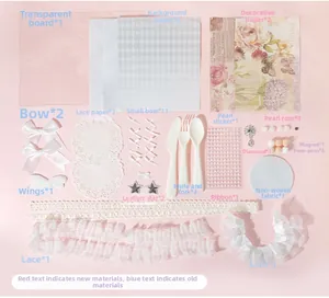 Flat lay of DIY craft kit with lace plates, ribbons, pearls, and vintage floral papers