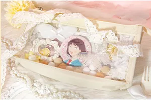 Detailed view of beige canvas ita-bag with clear window and lace butterfly decorations