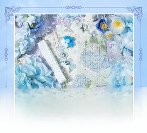 DIY craft kit featuring blue lace ribbons, faux pearls, and floral decorations for scrapbooking
