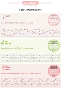 Three pearl pattern designs for PET decorative tape with detailed size and loop specs