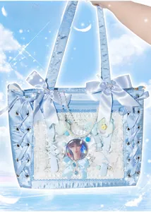 Close-up of light blue satin ita-bag with lace trim, pearls and transparent PVC window