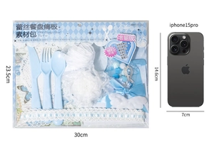 Lace plate DIY kit with blue utensils and accessories shown next to a 6.1-inch phone