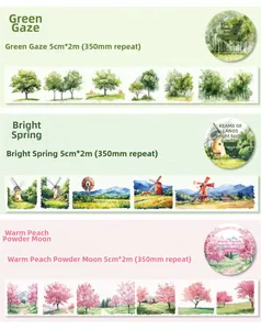 Detail of floral washi tapes showing green trees, windmills and pink cherry blossom patterns
