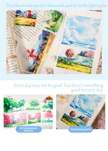 Macro detail of waterproof PET floral washi tape with nature landscape watercolor designs