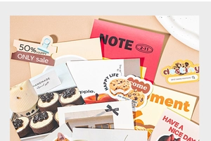 Detail of Korean style DIY scrapbooking kit featuring food stickers and deco cards