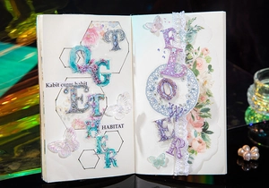 Macro-opname van iriserende vlinder- en bloemenstickers op scrapbookpagina's