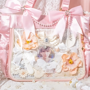 Pink satin ita bag with large bow pearl chain and transparent window for badge display