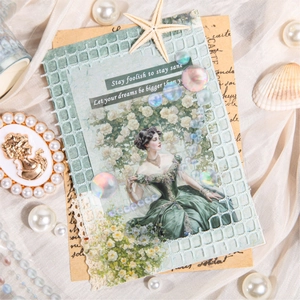 Retro Victorian lady and yellow rose decorative tape with pearl and silk background