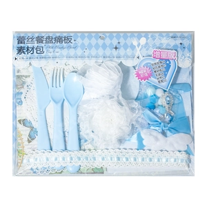 DIY craft kit featuring blue lace plates, plastic cutlery, and decorative accessories