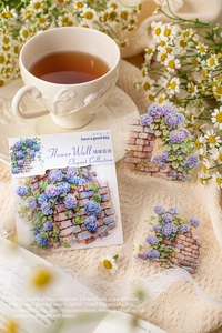 Macro view of blue hydrangea wall PET stickers with vintage floral patterns for scrapbooking