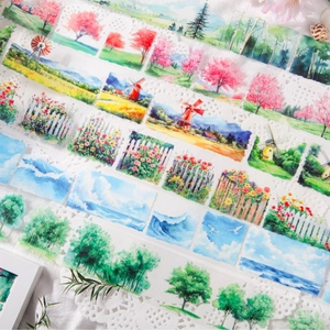 Watercolor landscape washi tape featuring cherry blossoms and windmills for scrapbooking