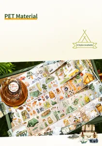 Détail du ruban PET sur le thème du camping avec des illustrations de tente et de boussole