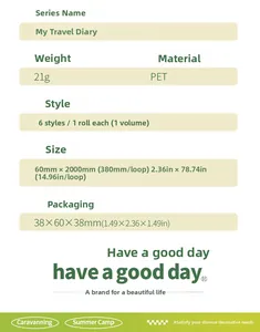 Spécifications du ruban PET Travel Diary incluant le poids 21g et taille 60mmx2000mm