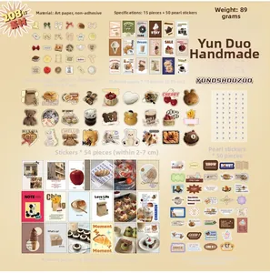 Detail of 208-piece DIY scrapbooking kit with warm-toned vintage stickers and paper