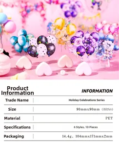 Detail view of PET holiday celebration stickers showing product specifications and dimensions