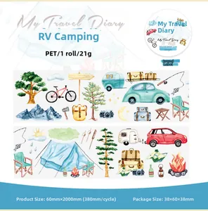 Détail du ruban décoratif en PET avec motifs d'aquarelle de camping-car et de voyage