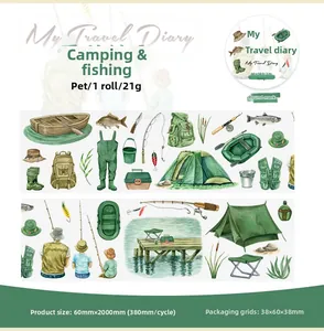 Détail du ruban adhésif PET camping et pêche avec illustrations de plein air pour scrapbooking