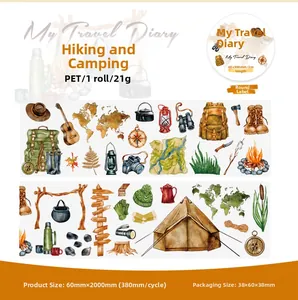 Détails du ruban PET de camping avec tentes à l'aquarelle, cartes et matériel de randonnée