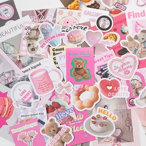 Aesthetic Korean DIY scrapbook kit with cute pink teddy bear stickers and paper cards