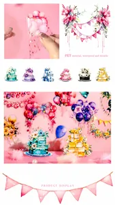 Close-up of waterproof PET festival stickers featuring cakes and balloons for DIY crafts