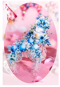 Macro view of blue floral PET stickers with pearlescent finish for DIY journals