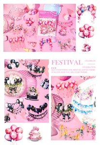 Detail of PET festival celebration stickers with balloons and cakes for DIY journal decor
