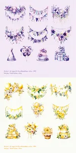 Macro view of PET festival celebration stickers with floral and party decoration motifs
