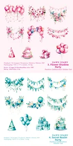 Detail of PET stickers for DIY journals featuring watercolor party and floral motifs