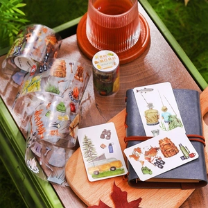 Set de rubans PET Mon Journal de Voyage avec motifs de camping aquarelle sur plateau bois