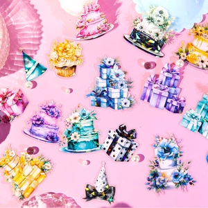 Holographic PET sticker pack for DIY scrapbooking with festive party cake and gift designs