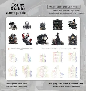 Λεπτομερής προβολή των Gothic Count Diablo αυτοκόλλητων με χρυσή υφή λέιζερ και κοχύλι