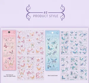 Detailweergave van glinsterende PET-vlinderstickers met goudfolie voor journaling decor