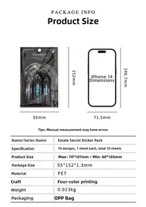 Size guide for vintage PET sticker pack with phone comparison and packaging specs