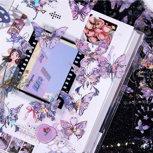 Paarse laser vlinder PET-stickers voor journaling met goudfolie decoratieve accenten
