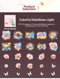 Detailed view of dandelion PET stickers with rainbow holographic finish and floral patterns