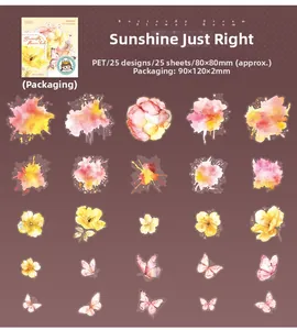 Macro detail of PET sticker pack showing colorful watercolor flowers and butterflies