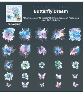 Detail of 25-piece PET dandelion stickers set featuring butterflies and watercolor floral art