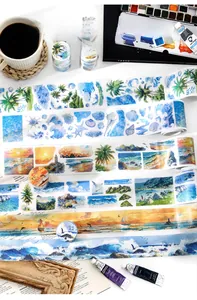 Artistic detail of ocean-themed washi tape with coastal patterns and scenery for DIY
