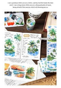 Detail of tropical seaside washi tape with palm trees and sunset for DIY scrapbooking