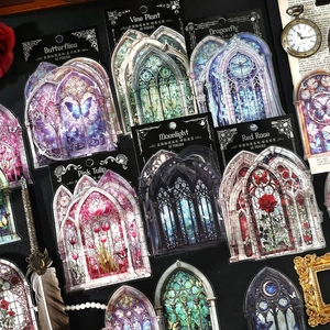 Paquete de Pegatinas de PET de Vidriera Gótica Pegatinas Decorativas de Catedral Mariposa Flor Vintage para Materiales de Bricolaje