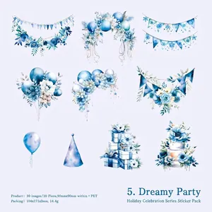 Blue watercolor PET stickers featuring party balloons and floral designs, 10 sheets pack