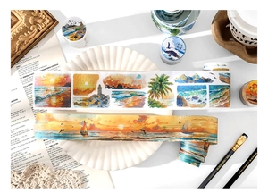 Detail of artistic watercolor scenery washi tape with lighthouses and sailboats