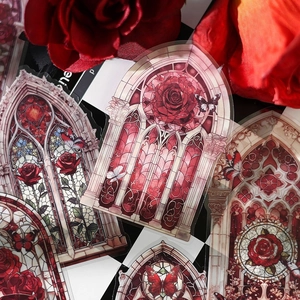 Set de pegatinas PET vintage con rosas rojas y vitrales góticos en forma de arco y mariposa