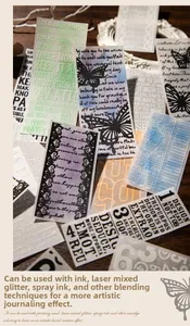 Detail shot of vintage 3D foam stickers with butterfly and musical notes on dark wood background