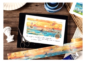 Detailed close-up of sunset ocean watercolor washi tape for artistic DIY journaling